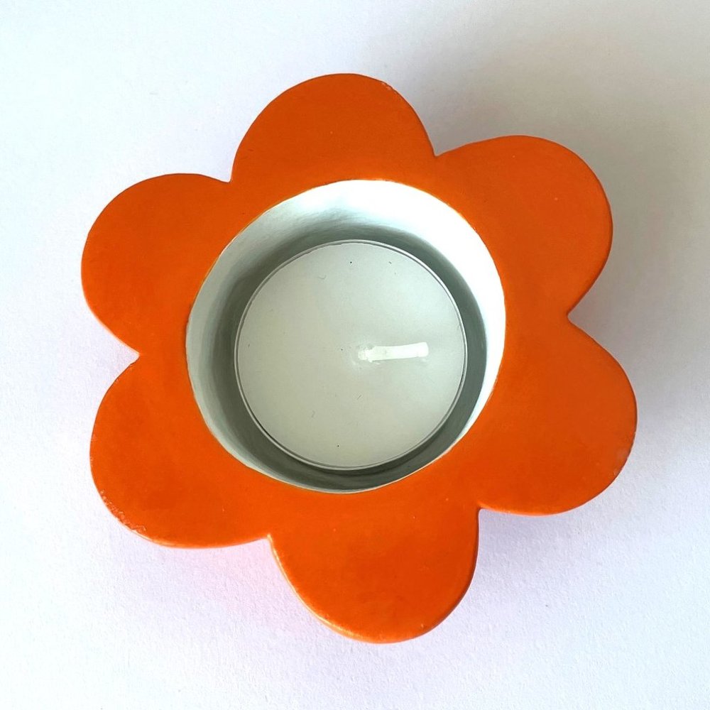 Orange and White Tea Light Candle Holder - Handmade with Paper Mache